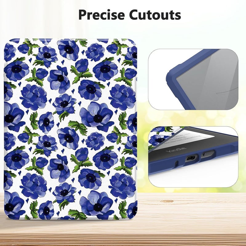 E NET-CASE Case for Kindle Paperwhite 12th Gen 2024 Released (7") & Kindle Colorsoft Signature Edition,Clear Back Shell Durable PU Leather Cover with Auto Sleep Wake,Blue Flowers - Image 5